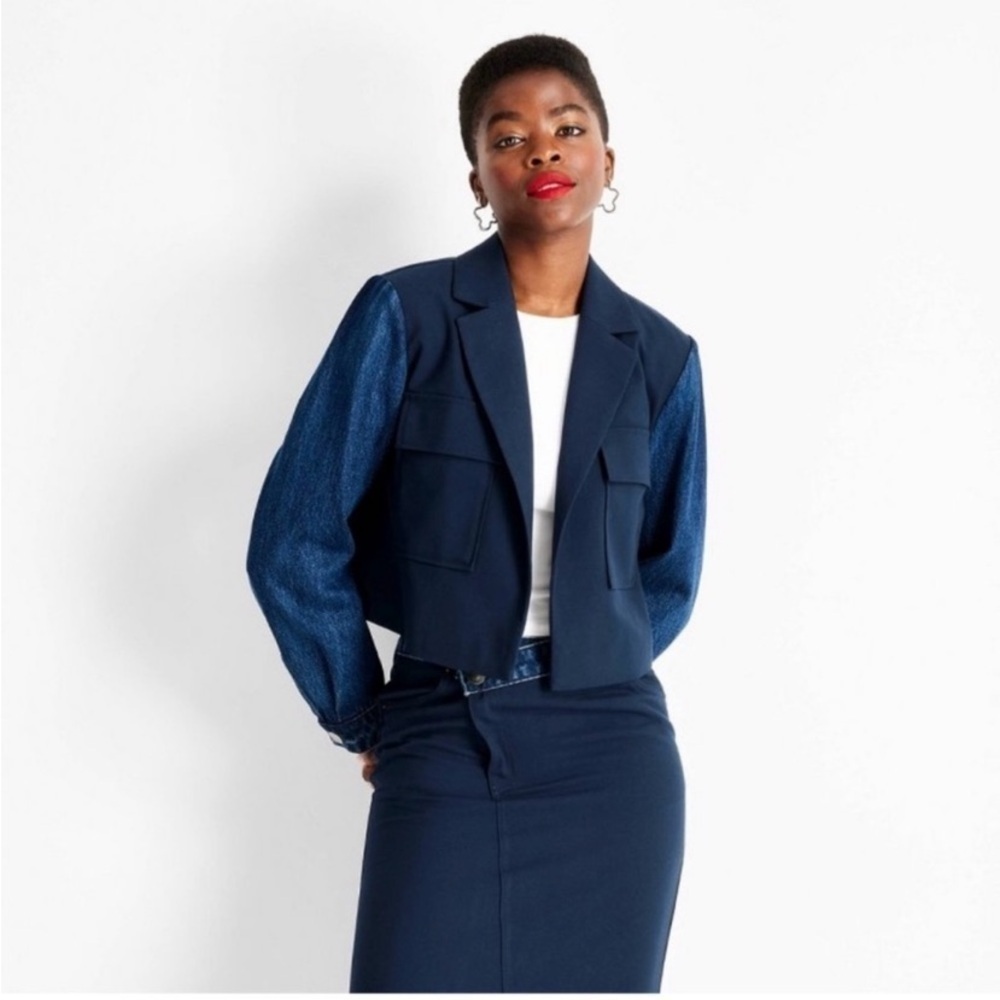 Women's Contrasting Denim Cropped Blazer - Future Collective Navy Blue new